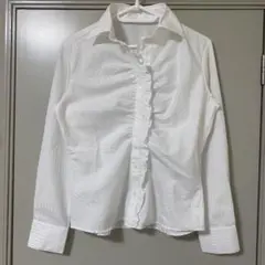 ストライプ　フリル　ブラウス　形態安定シャツ　ラメ　レディース M