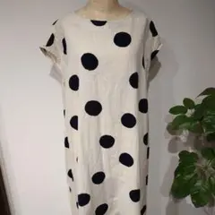 水玉模様 リネンワンピース ルームウェア ドロップショルダー 　M