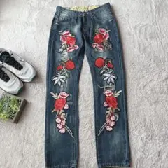 刺繍デニムパンツ(M)クラッシュ/ダメージ/個性的/派手/ジーンズ/ジーパン