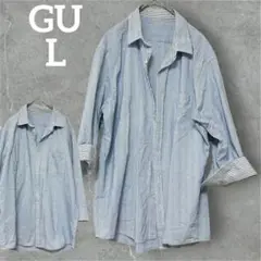 レア✨GU 【L】　ストライプ 七分袖シャツ ブルー　ホワイト　襟付き　ポケット