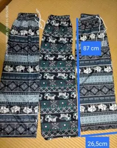 タイ・パンツ 新品3着 水色／黒／白エレファント柄2枚と緑入り1枚 ロング丈