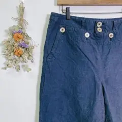 【ネストローブ】 セーラーパンツ ワイド 貝殻ボタン 麻綿 ネイビー レディース