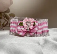 犬　猫首輪　シュシュ　ボーダーぴんくリボン　レース　女の子　ハート付きダイヤ