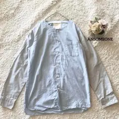 ノーカラーシャツ【3】水色/灰色 メンズ 綿ポリ ANSOMEONE