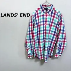 【ランズエンド】チェック柄　シャツ　Mサイズ　長袖　綿100　カラフル