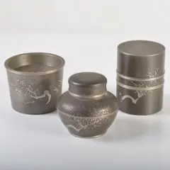 煎茶道具　錫製　間村自造　四君子文　茶壷　茶こぼし　2点まとめて　M　R4941 Japan Antique 古錫 間村自造 純錫 錫器 在印 盃洗 建水 こぼし
