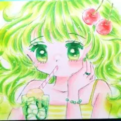 手描きイラスト(クリームメロンソーダ)