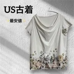 最安値⭐️古着❣️花柄プリント 半袖 ドレープネック シャツ Tシャツ さらさら素材