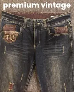 premium vintage デザインデニム　ブーツカット　フレア　革パッチ