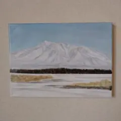 自作風景油彩画、北海道冬の斜里岳風景画,張りキャンバスサイズF-4.自筆原画