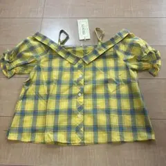 イエロー チェック柄 オフショルダー 半袖シャツ140