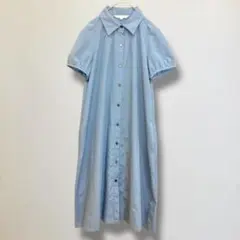 ナチュラルビューティー シャツワンピース 日本製 【M】 ブルー 半袖 ポケット