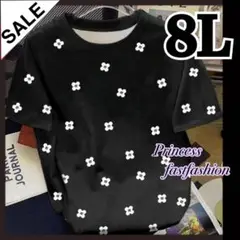 【8L／ブラック】フラワーモチーフ 半袖Tシャツ 大きいサイズ レディース