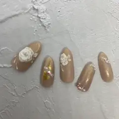 ネイルチップ ニュアンス アートネイル 立体フラワー ゴールドラメネイル