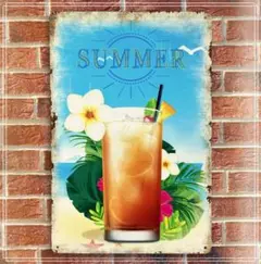 ブリキ看板　SUMMER　南国カクテル片手にビーチでくつろぐイメージ