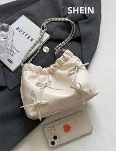 SHEINベージュリボンレザー ショルダーバッグ
