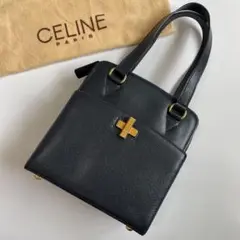 【美品】セリーヌ ハンドバッグ ターンロック レザー シボ革 ネイビー