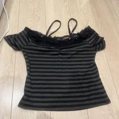 オフショルダー レース付き ストライプトップス