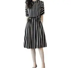 ストライプデザイン半袖ひざ丈ワンピース　XL