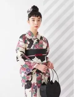 猫と花柄のパープル浴衣 洗える