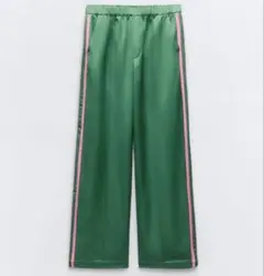 ZARA ザラ　テープディテールサテンパンツ　緑ピンクラインジャージ L