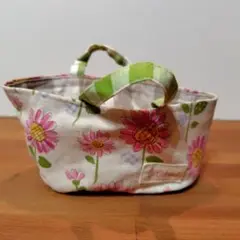 花柄小物入れ ストライプ持ち手付き
