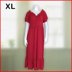 美品 XL 真っ赤なAラインワンピース 提灯袖 リボン ストレッチ 夏