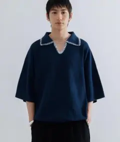 【美品】SINSS ステッチニットポロシャツ ブルー
