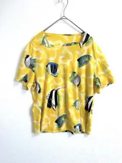 アトリエエイコ　魚柄 黄色　半袖　Tシャツ　ストレッチ生地　ビジュー付　派手
