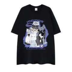《未使用新品》猫柄プリントの半袖Tシャツ ゆったりカジュアル