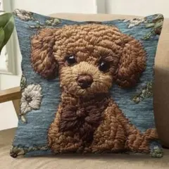 新品 クッションカバー 刺繍風 プリント 犬 プードル動物 リアル かわいい
