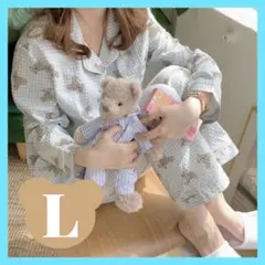 【新品】パジャマ ルームウェア L 韓国 テディベア くま チェック柄 春夏