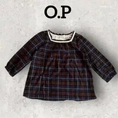 O.P チェック柄チュニック スクエアネックトップス 長袖 (M) ネイビー