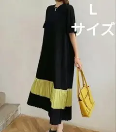 黒/黄 プリーツデザイン 半袖ワンピース