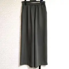 カーキ ワイドパンツ ゴムウエスト サイドポケット　裏地付きポリエステル100%