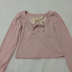 リボン付きピンクストライプ長袖トップス