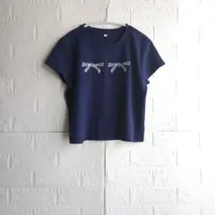 リボン刺繍 ネイビー 半袖Tシャツ