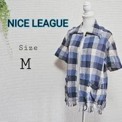 NICE LEAGUE フリンジ チェック柄 １つボタン 半袖シャツ Mサイズ