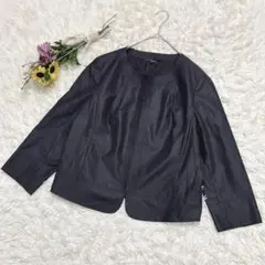 美品＊23区　コットン混　ノーカラージャケット　薄地　羽織り　ブラック【44】Ｌ