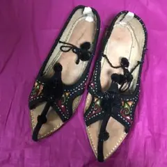 【新品】キャメルレザー 刺繍サンダル M
