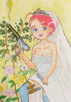 ウェディングドレス イラスト、看護師の妙子さん花嫁と機関銃、ノーリターン新　画
