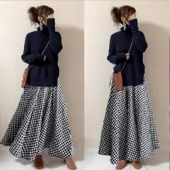 チェックスカートセットアップ　ニット　セーター　ロングスカート
