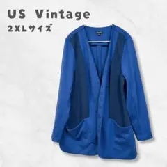 ノーカラージャケット 【2XL】 ブルー ブラック ボタンなし ヴィンテージ