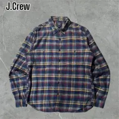 【人気定番】J.Crewフランネルシャツマドラスチェックネイビーグレー黄赤 L