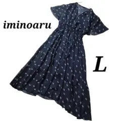 iminoaru 総柄 ネイビー 半袖 シフォンワンピース ウエストゴム フレア