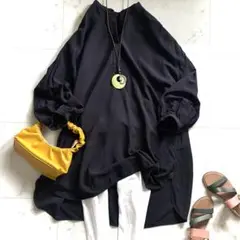 美品 モラビトブラン ロゴ革パッチ付き バンドカラーシャツワンピース チュニック