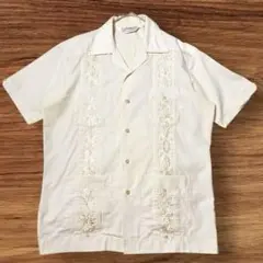80s 90s ROMANI製 キューバシャツ L 刺繍 ベージュ系 美品 古着