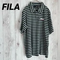 【FILA】フィラ　ポロシャツ　メンズ　半袖　ネイビー　緑　M　ボーダー