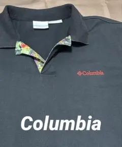 珍しい Columbia 花柄襟、裾デザイン 黒 ポロシャツ 赤文字刺繍