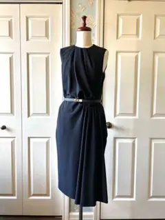 ☆極美品☆エルメス☆美しいドレープ♡上品なウールワンピース 濃紺/黒 36
